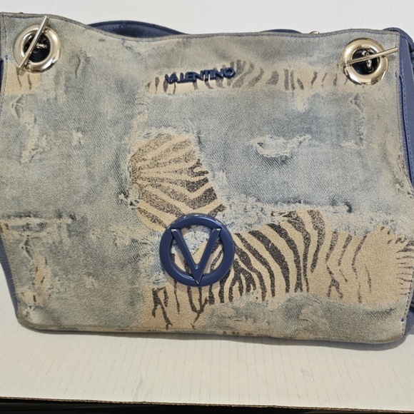 Valentino By Mario Valentino Luisa Blue Denim Zebra Large Leather Handbag Purse - Picture 2 of 16